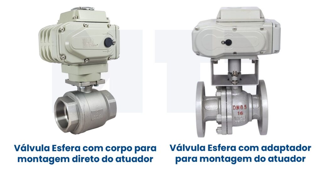 imagem de atuador montado na válvula de esfera, com e sem adaptador